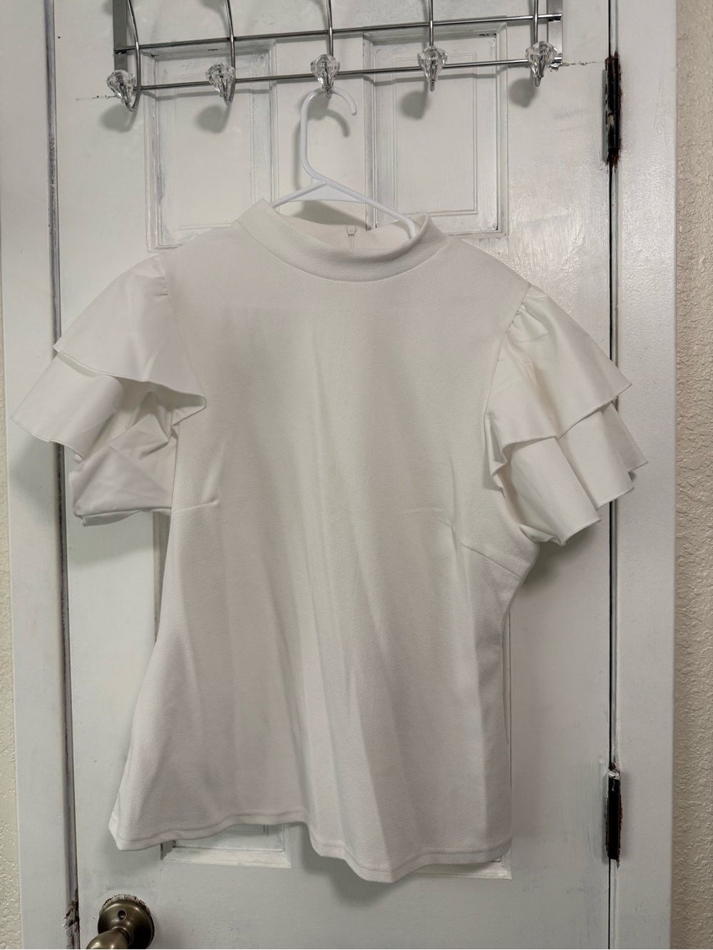 SHEIN Cream Mock Neck Ruffle Sleeve Top